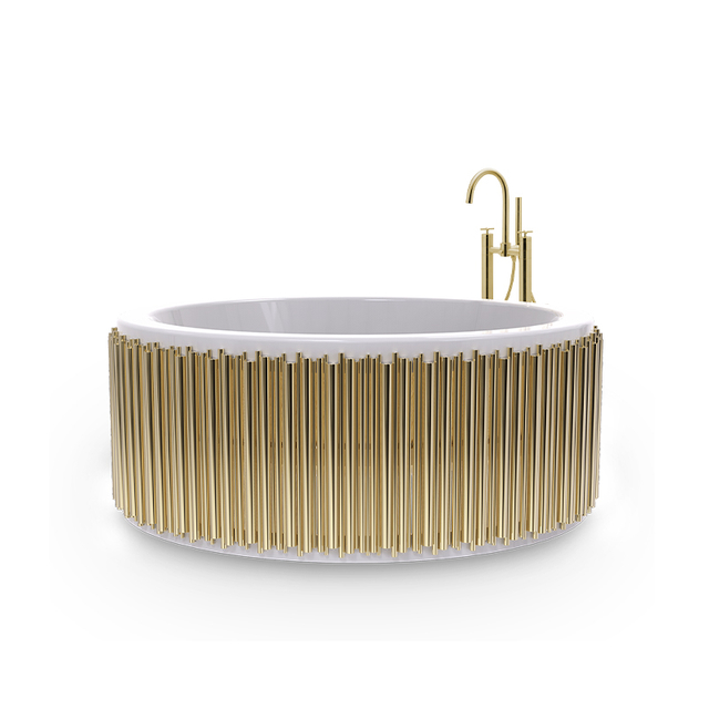 Structure en acier inoxydable doré et baignoire ronde en pierre artificielle blanche